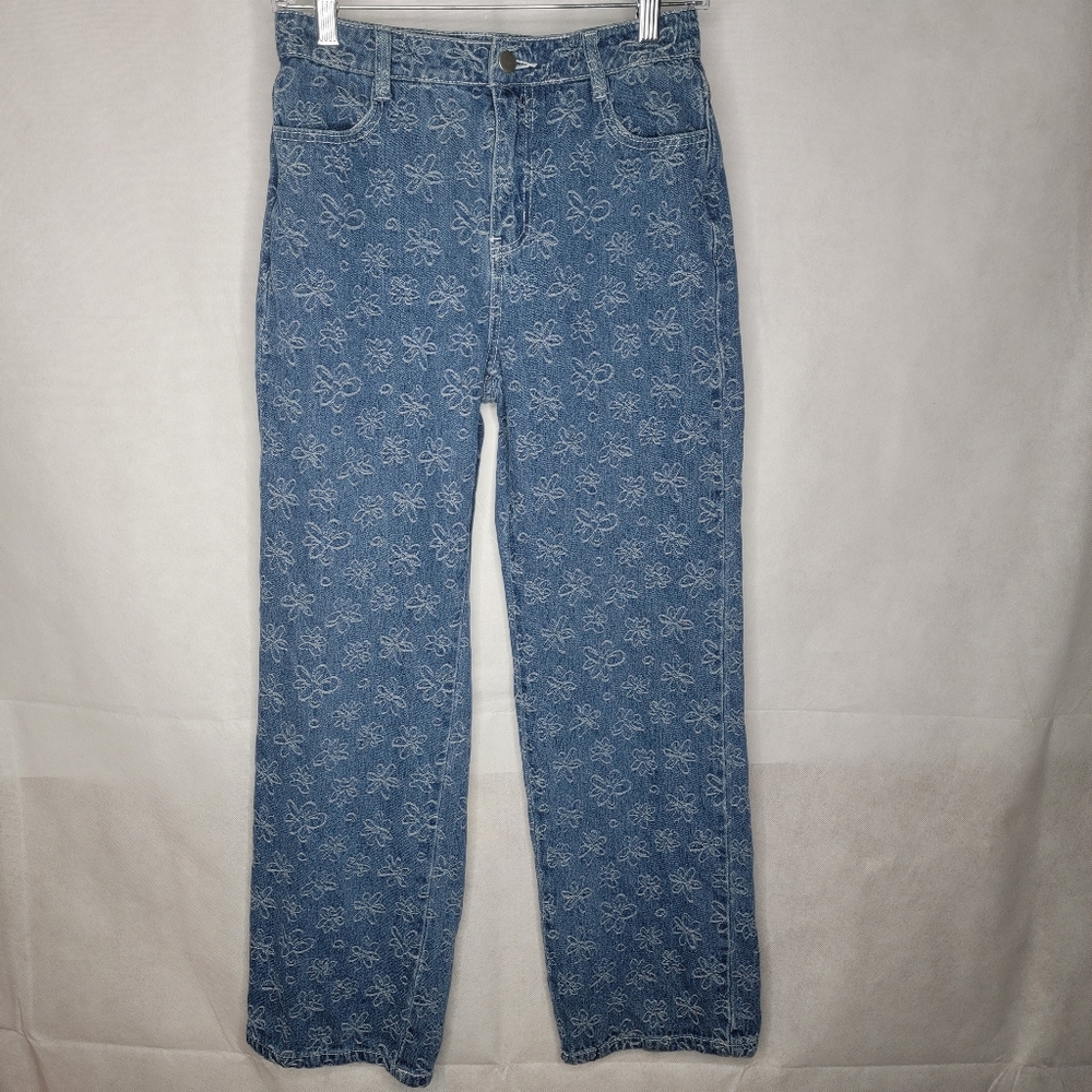 Le Lis Collection Jeans Medium Wash Blue Denim Embroidered Flowers High Waist S